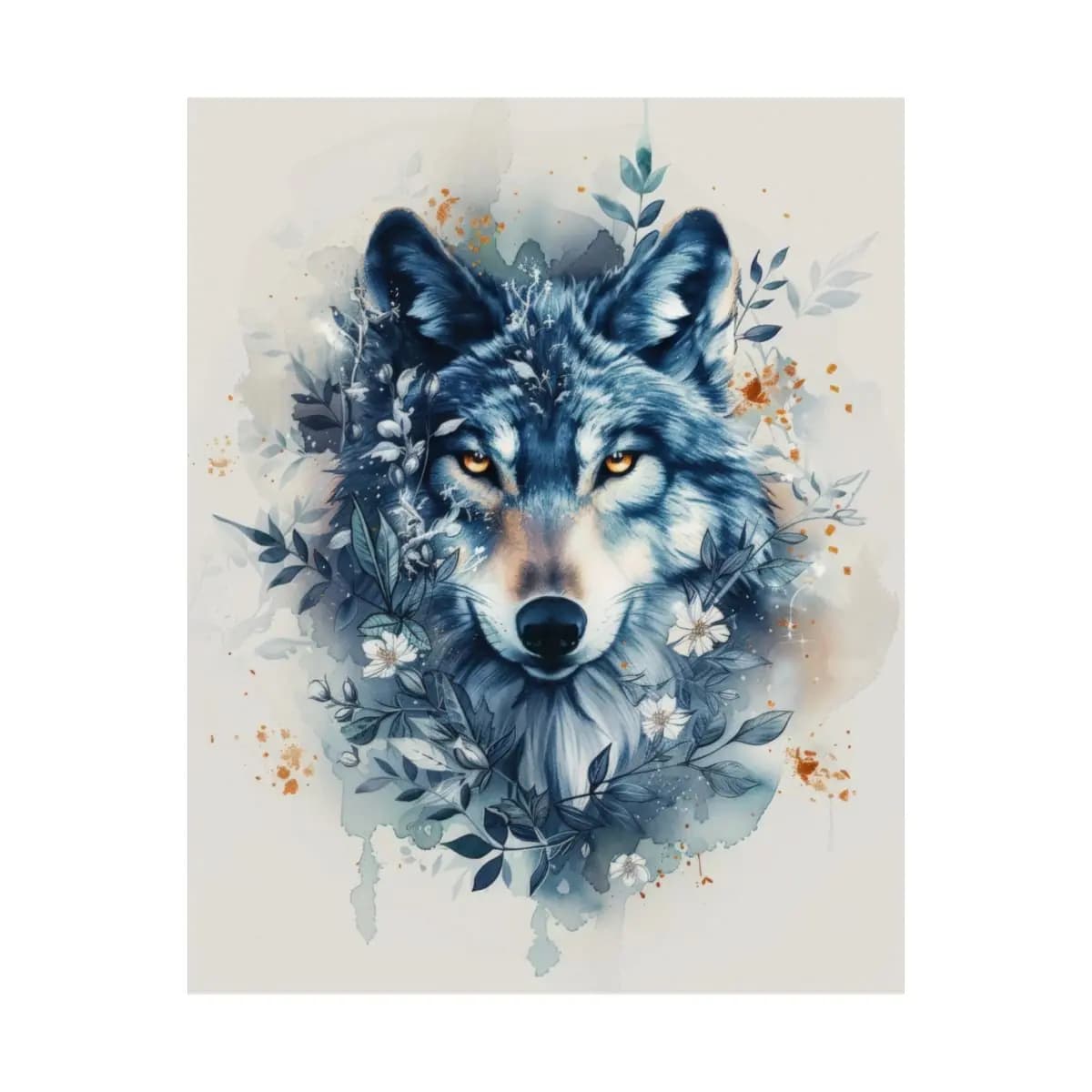 Wild Wolf with Golden Eyes and Blue Botanicals - Matte Vertical Posters mockup angle 2