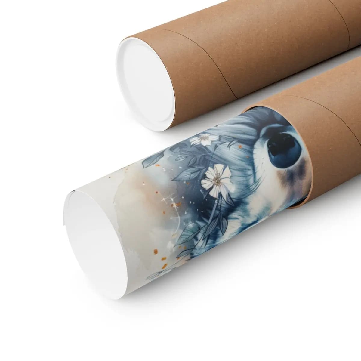 Wild Wolf with Golden Eyes and Blue Botanicals - Matte Vertical Posters mockup angle 3
