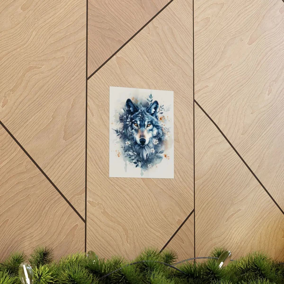 Wild Wolf with Golden Eyes and Blue Botanicals - Matte Vertical Posters mockup angle 5