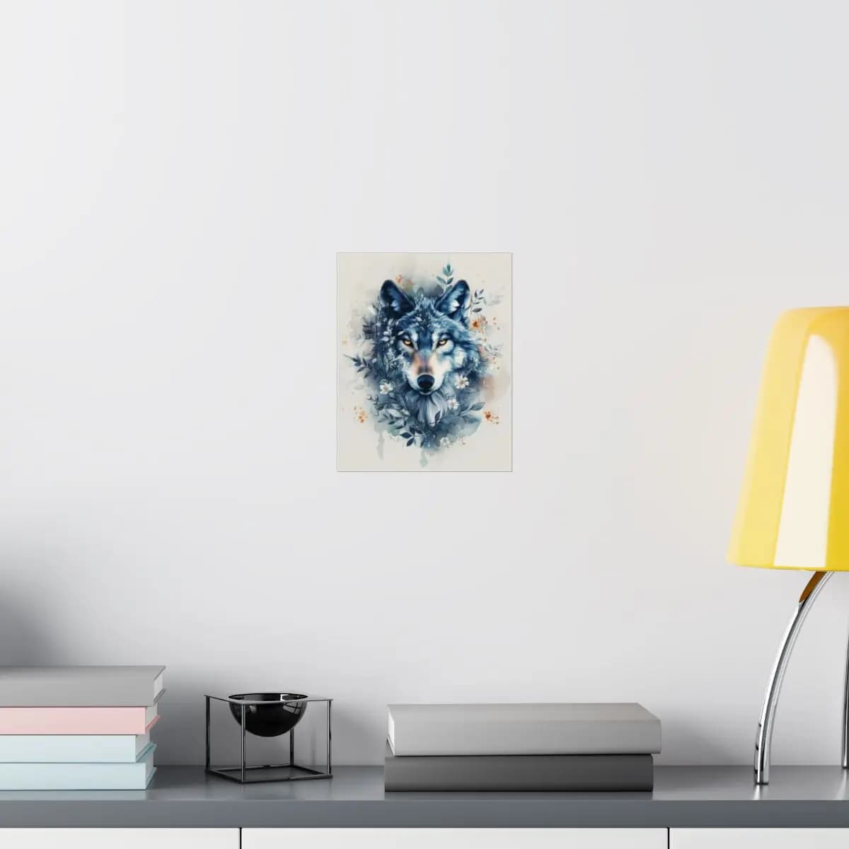 Wild Wolf with Golden Eyes and Blue Botanicals - Matte Vertical Posters mockup angle 8