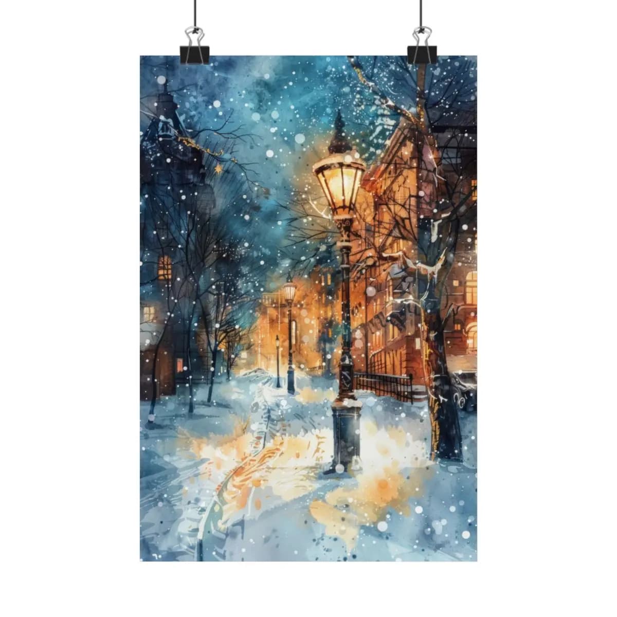 Snowy Winter Night Beneath the Gas Lamps - Matte Vertical Posters mockup angle 1