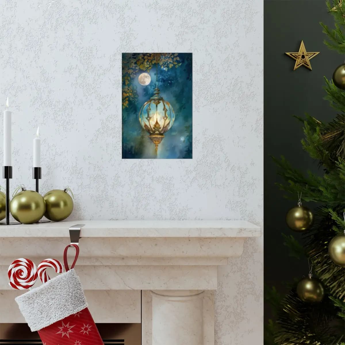 Celestial Lantern Suspended Beneath the Full Moon - Matte Vertical Posters mockup angle 7