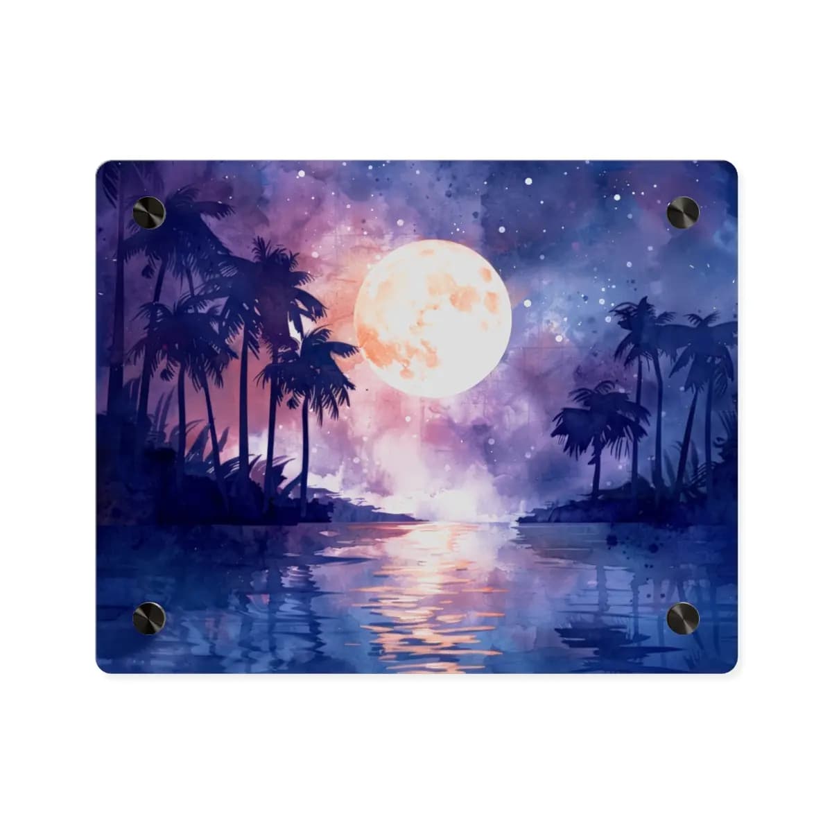Tropical Full Moon Over Still Night Waters - Acrylic Wall Art Panels mockup angle 1