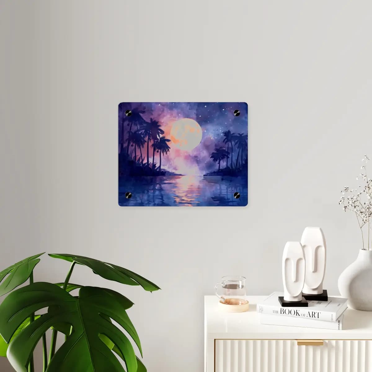 Tropical Full Moon Over Still Night Waters - Acrylic Wall Art Panels mockup angle 3