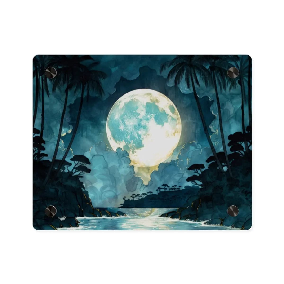 Full Moon Rising Over Tropical Night Jungle - Acrylic Wall Art Panels mockup angle 1