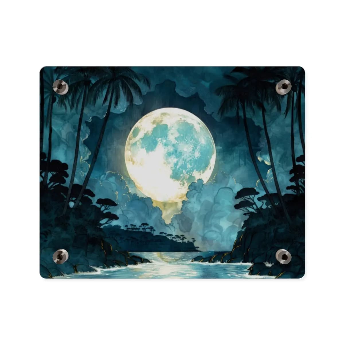 Full Moon Rising Over Tropical Night Jungle - Acrylic Wall Art Panels mockup angle 2