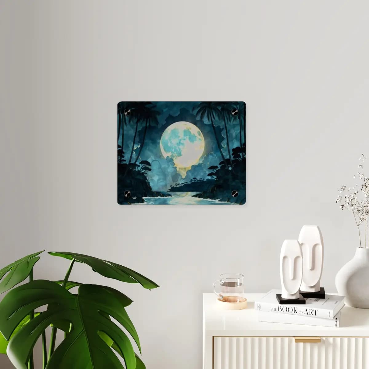 Full Moon Rising Over Tropical Night Jungle - Acrylic Wall Art Panels mockup angle 3