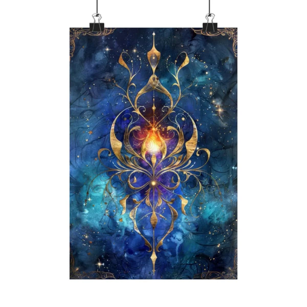 Celestial Gold Filigree Mandala with Ardent Flame - Matte Vertical Posters mockup angle 1