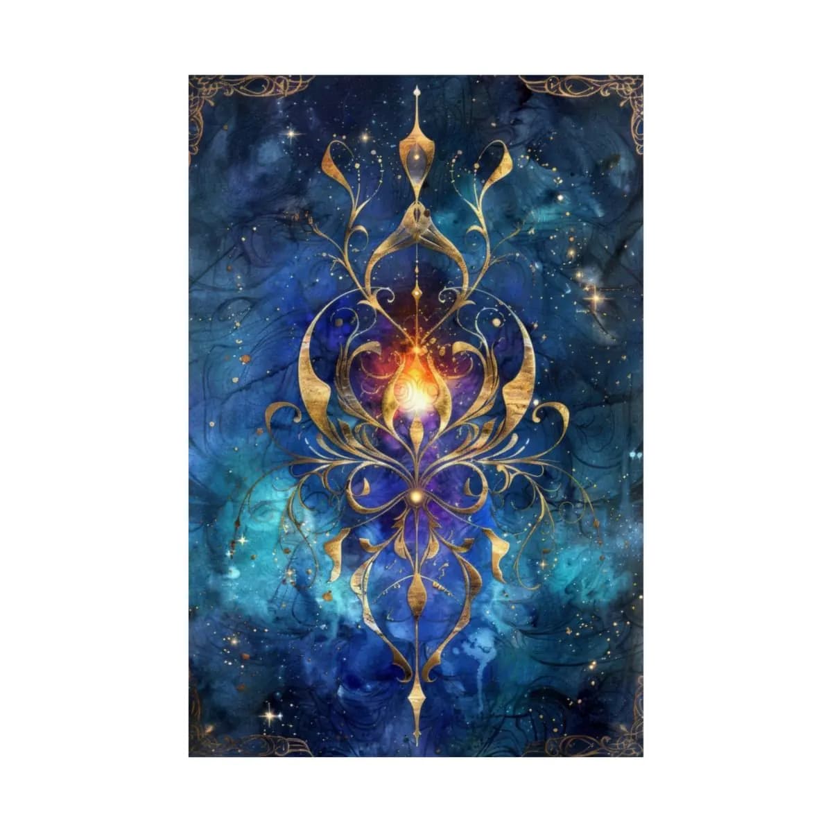 Celestial Gold Filigree Mandala with Ardent Flame - Matte Vertical Posters mockup angle 2