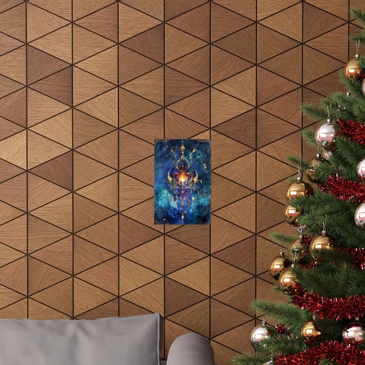Celestial Gold Filigree Mandala with Ardent Flame - Matte Vertical Posters mockup angle 4