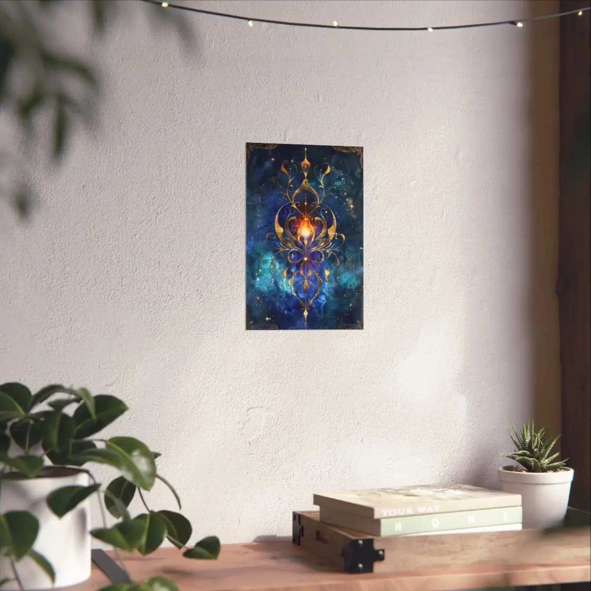 Celestial Gold Filigree Mandala with Ardent Flame - Matte Vertical Posters mockup angle 6