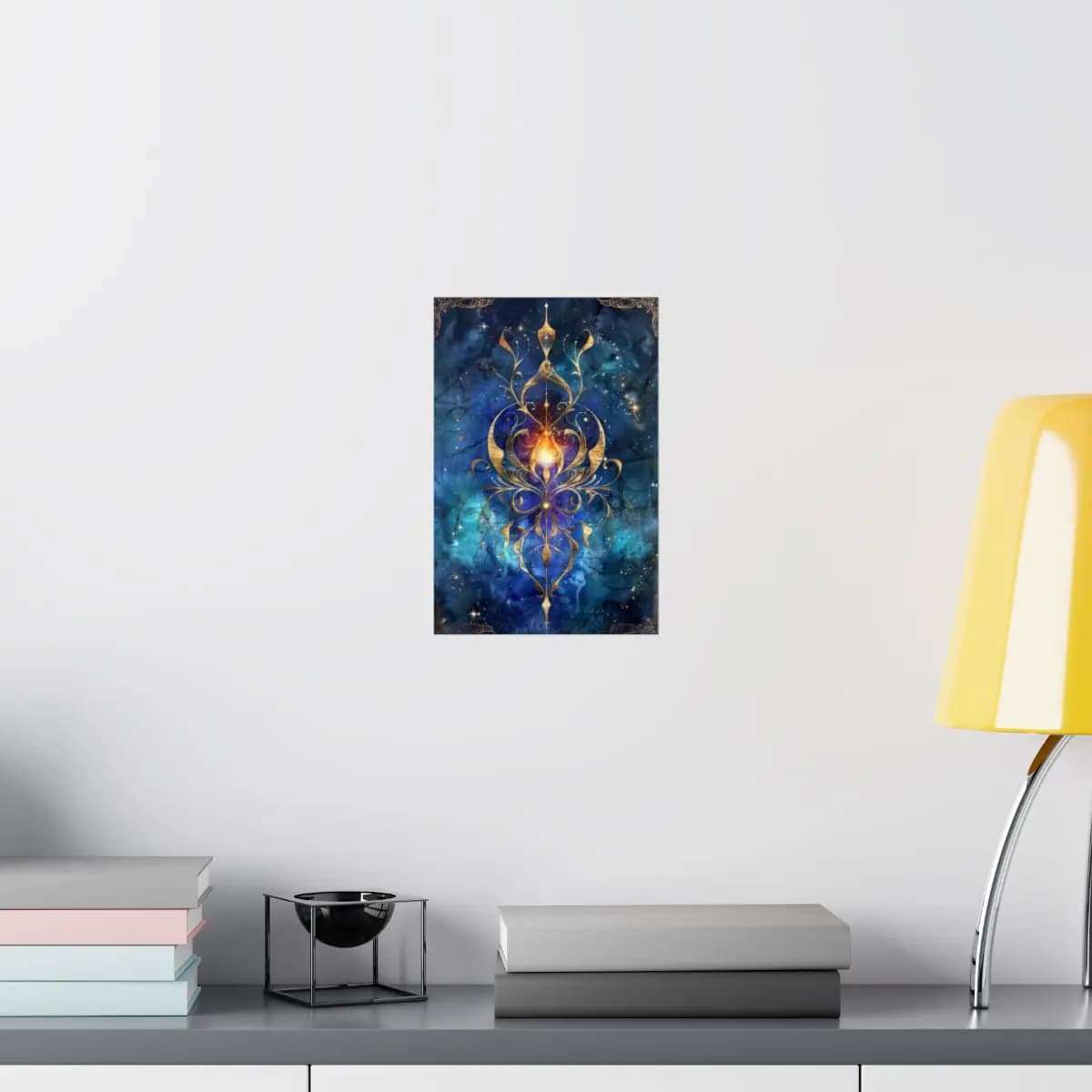 Celestial Gold Filigree Mandala with Ardent Flame - Matte Vertical Posters mockup angle 8