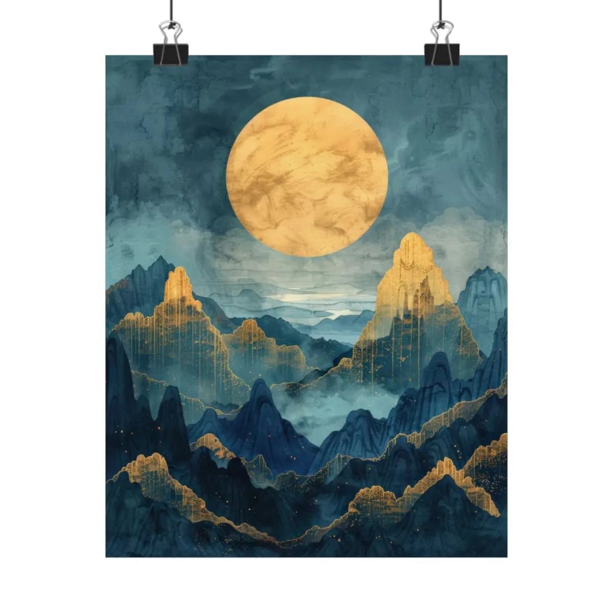 Golden Full Moon Over Mystical Mountain Peaks - Matte Vertical Posters mockup angle 1