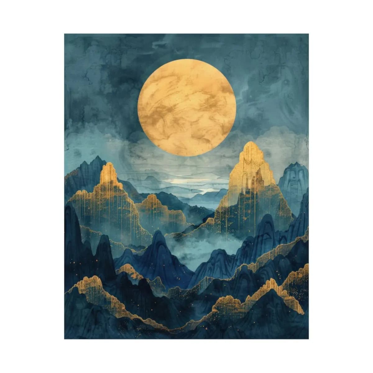 Golden Full Moon Over Mystical Mountain Peaks - Matte Vertical Posters mockup angle 2