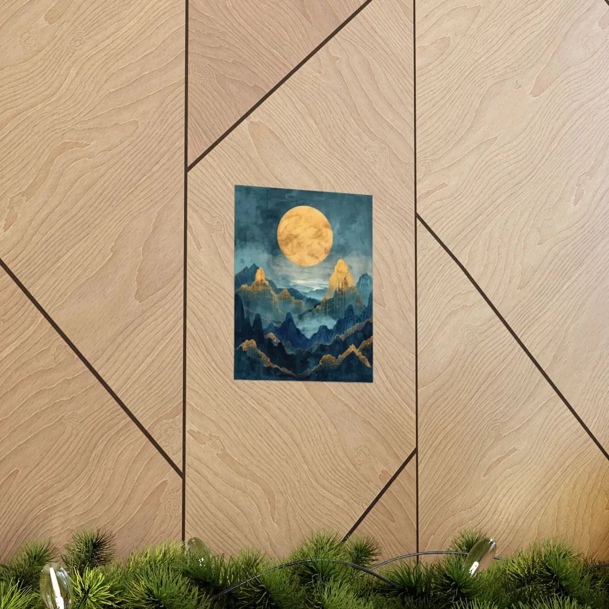 Golden Full Moon Over Mystical Mountain Peaks - Matte Vertical Posters mockup angle 5