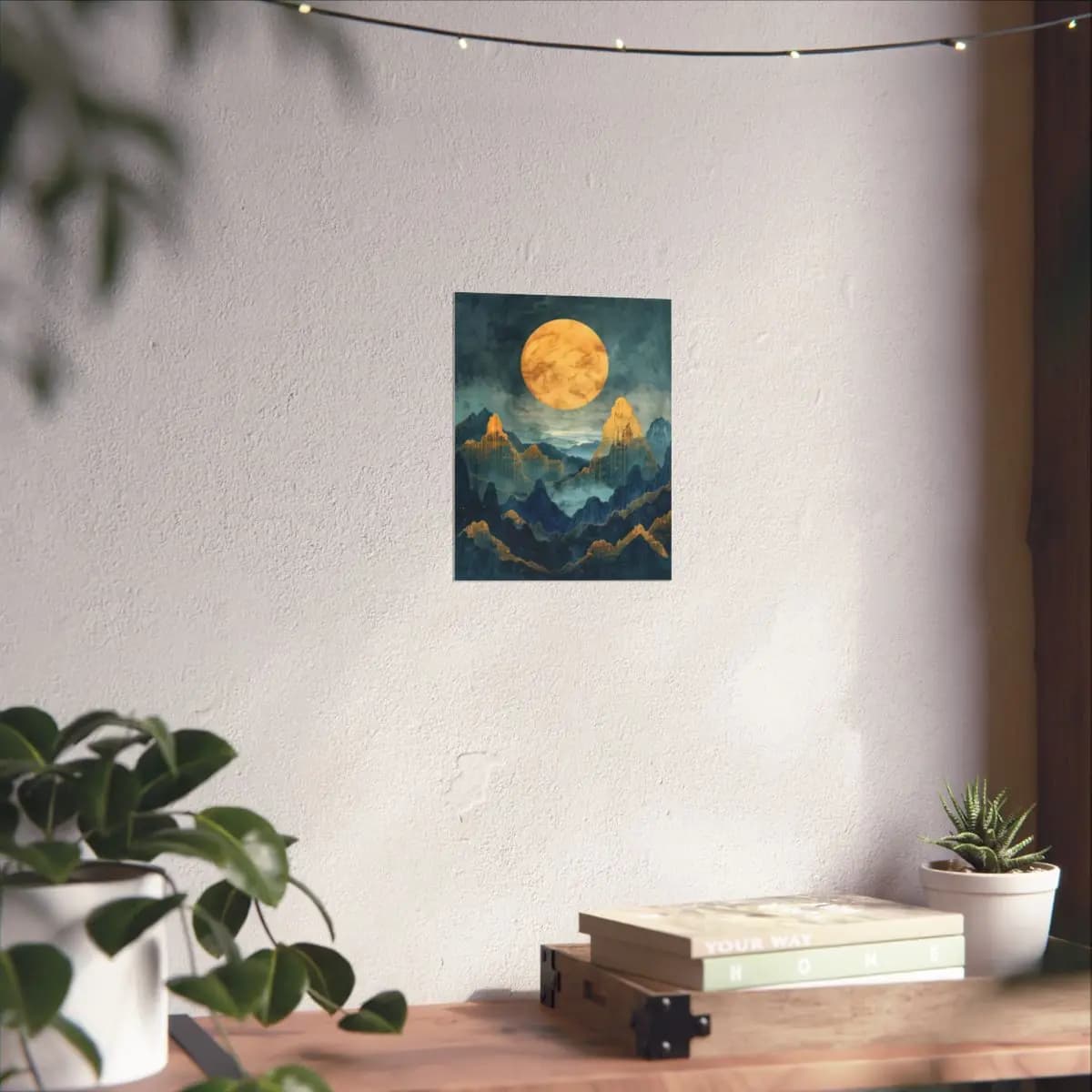 Golden Full Moon Over Mystical Mountain Peaks - Matte Vertical Posters mockup angle 6