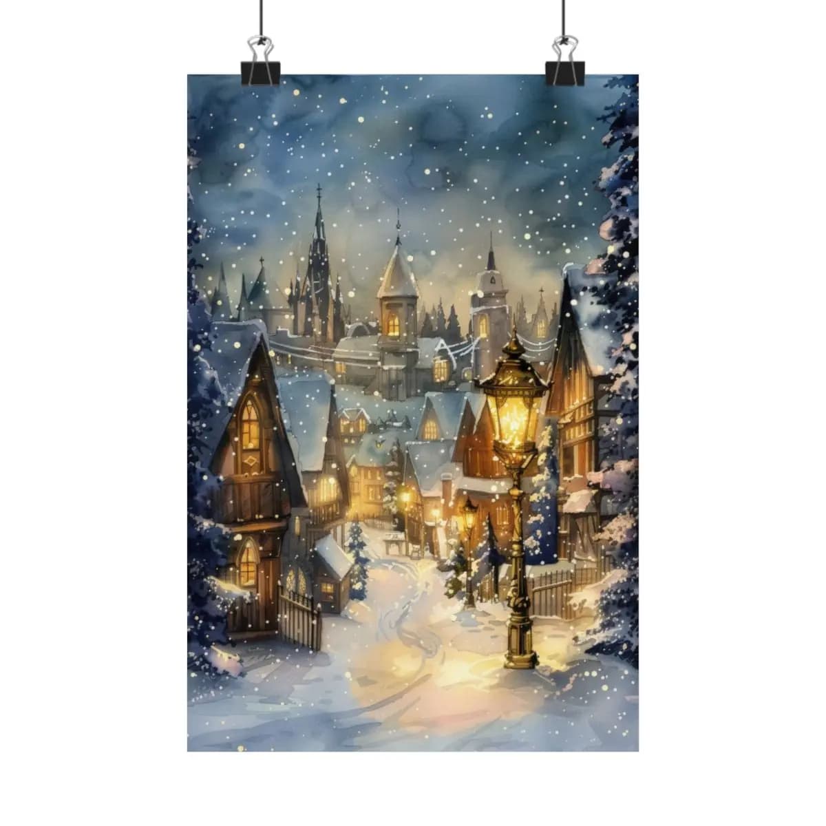 Snow-Covered Medieval Village on a Winter Night - Matte Vertical Posters mockup angle 1
