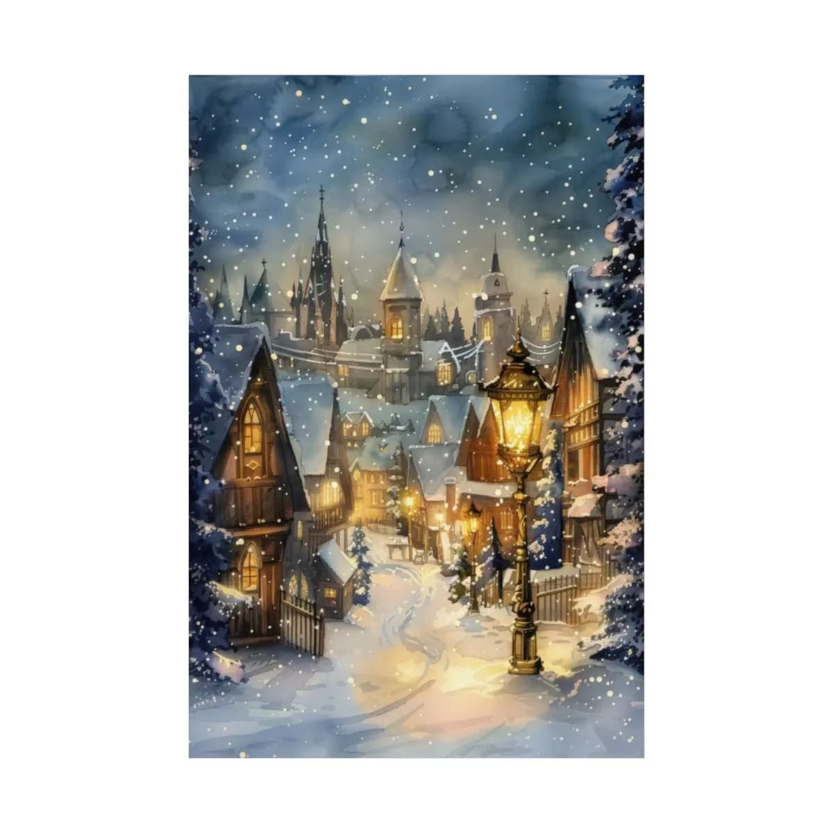 Snow-Covered Medieval Village on a Winter Night - Matte Vertical Posters mockup angle 2