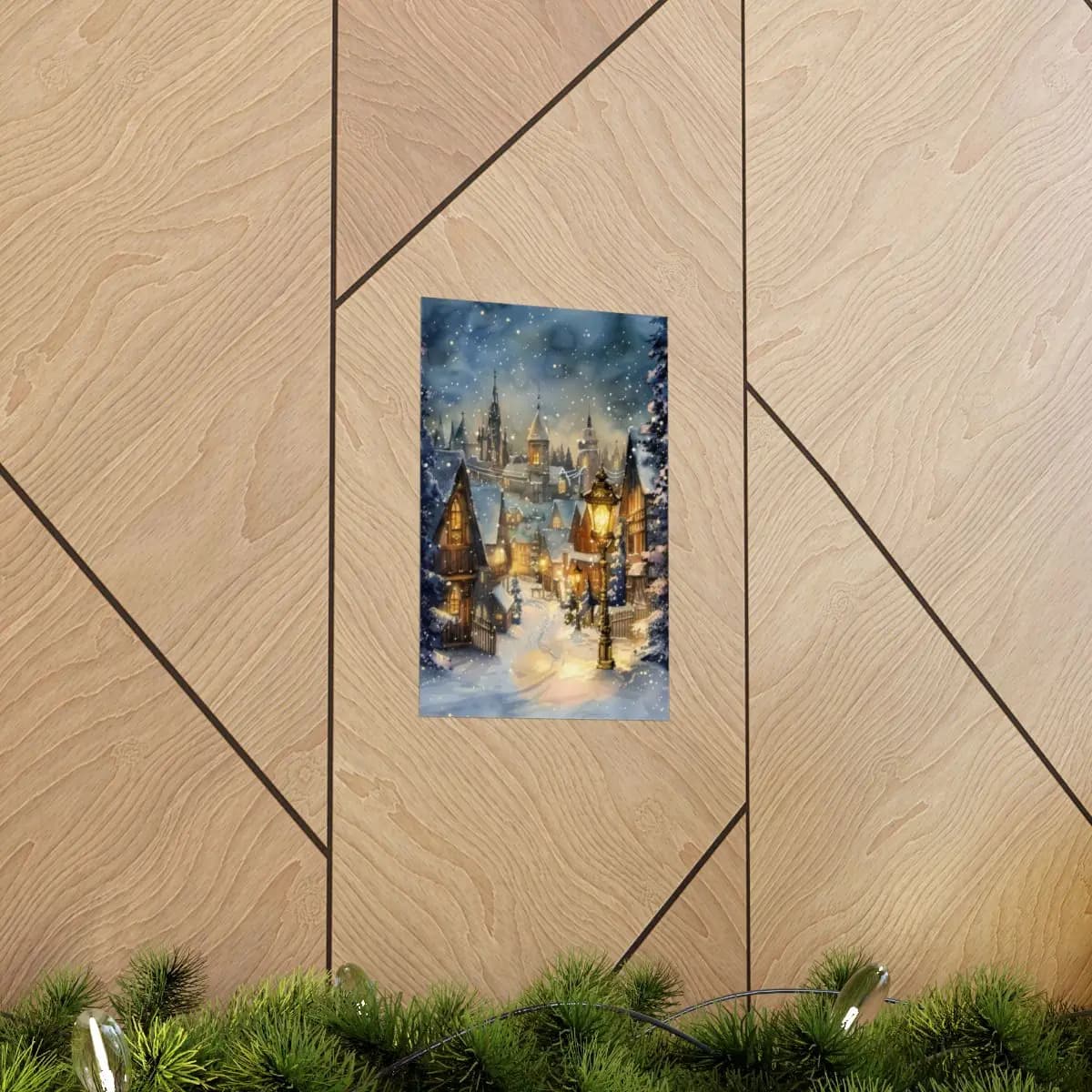 Snow-Covered Medieval Village on a Winter Night - Matte Vertical Posters mockup angle 5
