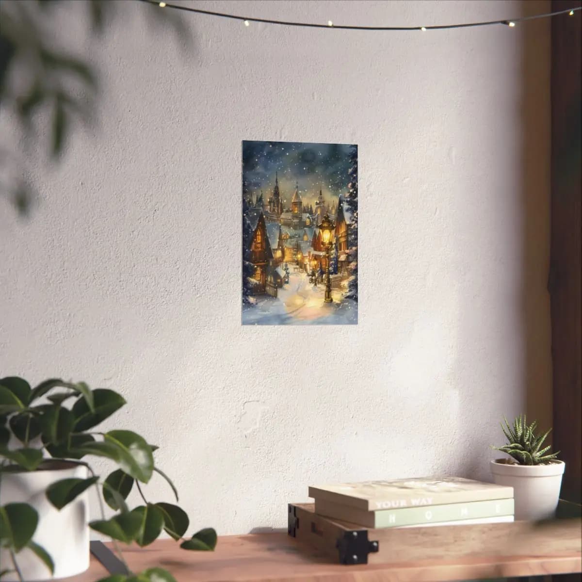 Snow-Covered Medieval Village on a Winter Night - Matte Vertical Posters mockup angle 6
