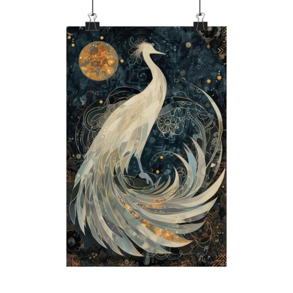 Celestial White Peacock Beneath the Golden Moon - Matte Vertical Posters mockup angle 1