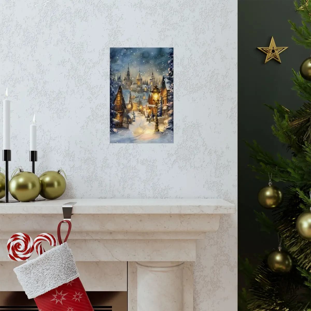 Snow-Covered Medieval Village on a Winter Night - Matte Vertical Posters mockup angle 7