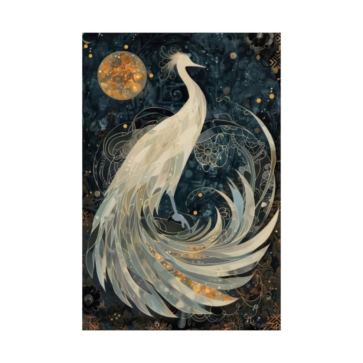 Celestial White Peacock Beneath the Golden Moon - Matte Vertical Posters mockup angle 2