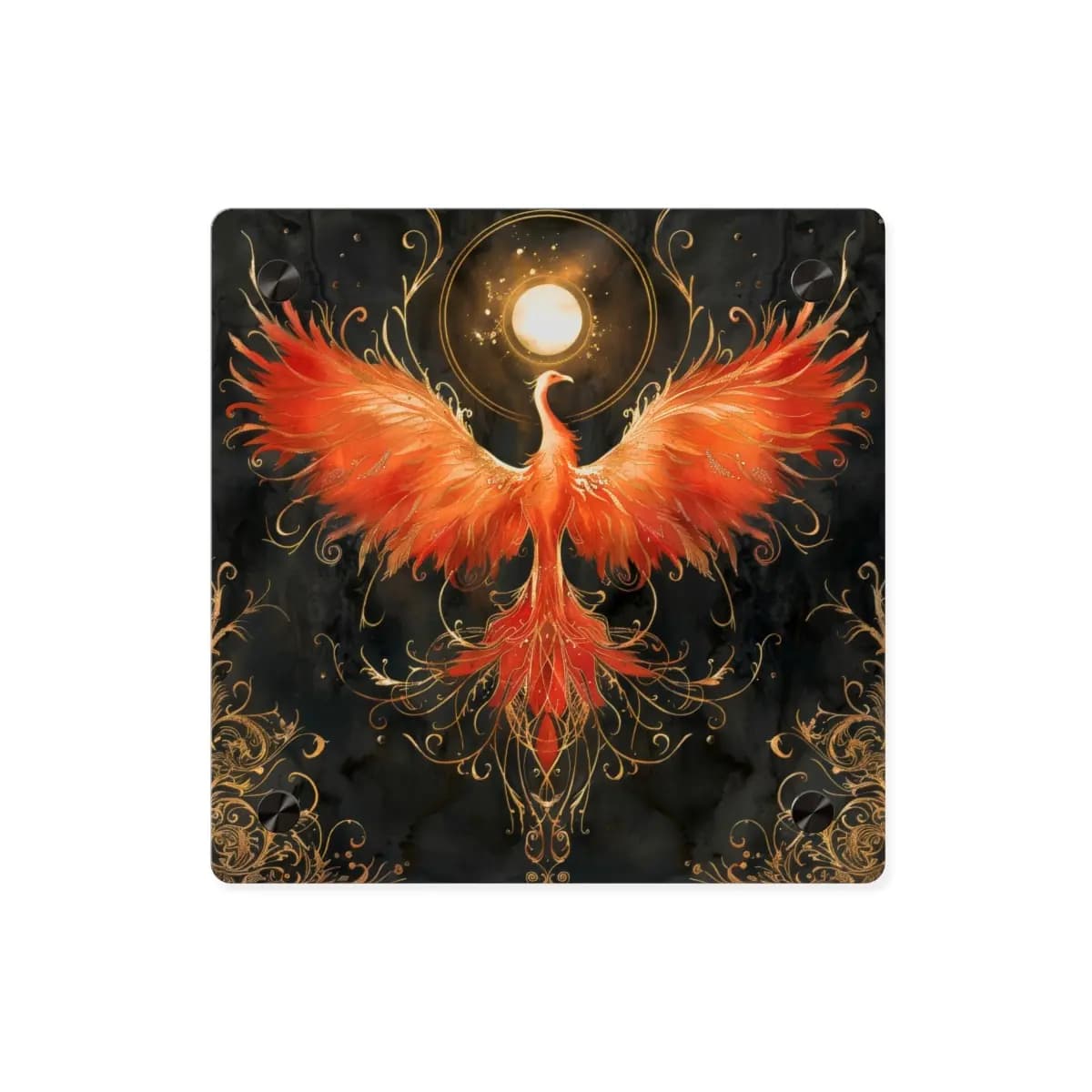Blazing Phoenix Rising Beneath the Golden Moon - Acrylic Wall Art Panels mockup angle 1