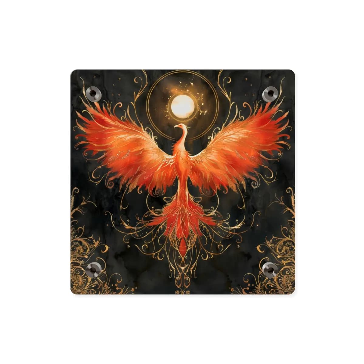 Blazing Phoenix Rising Beneath the Golden Moon - Acrylic Wall Art Panels mockup angle 2