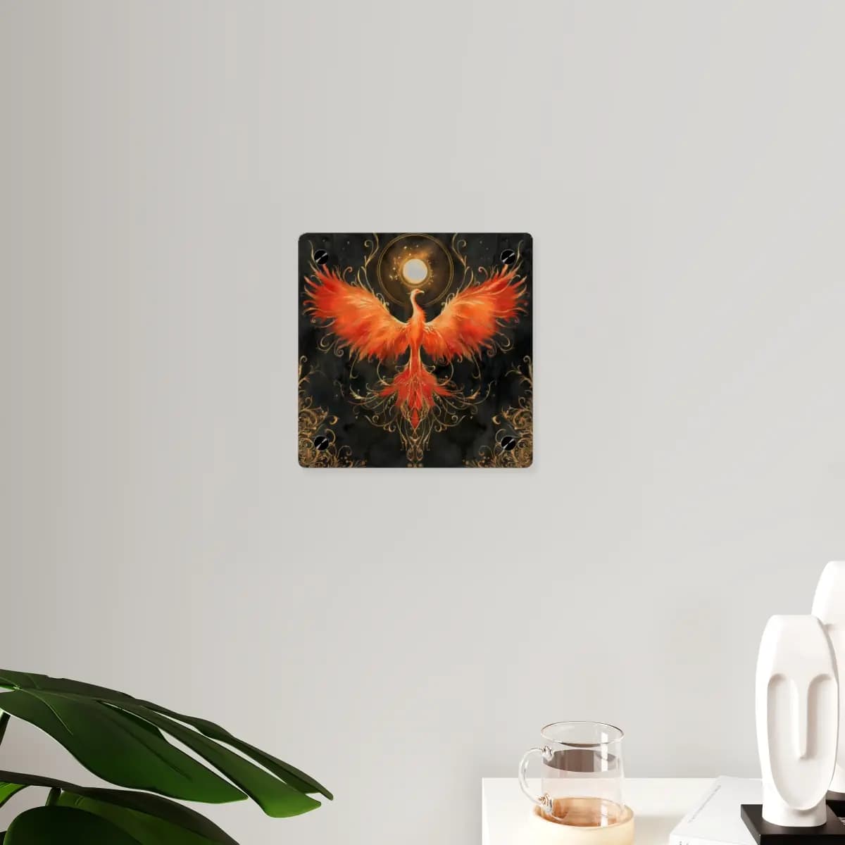 Blazing Phoenix Rising Beneath the Golden Moon - Acrylic Wall Art Panels mockup angle 3