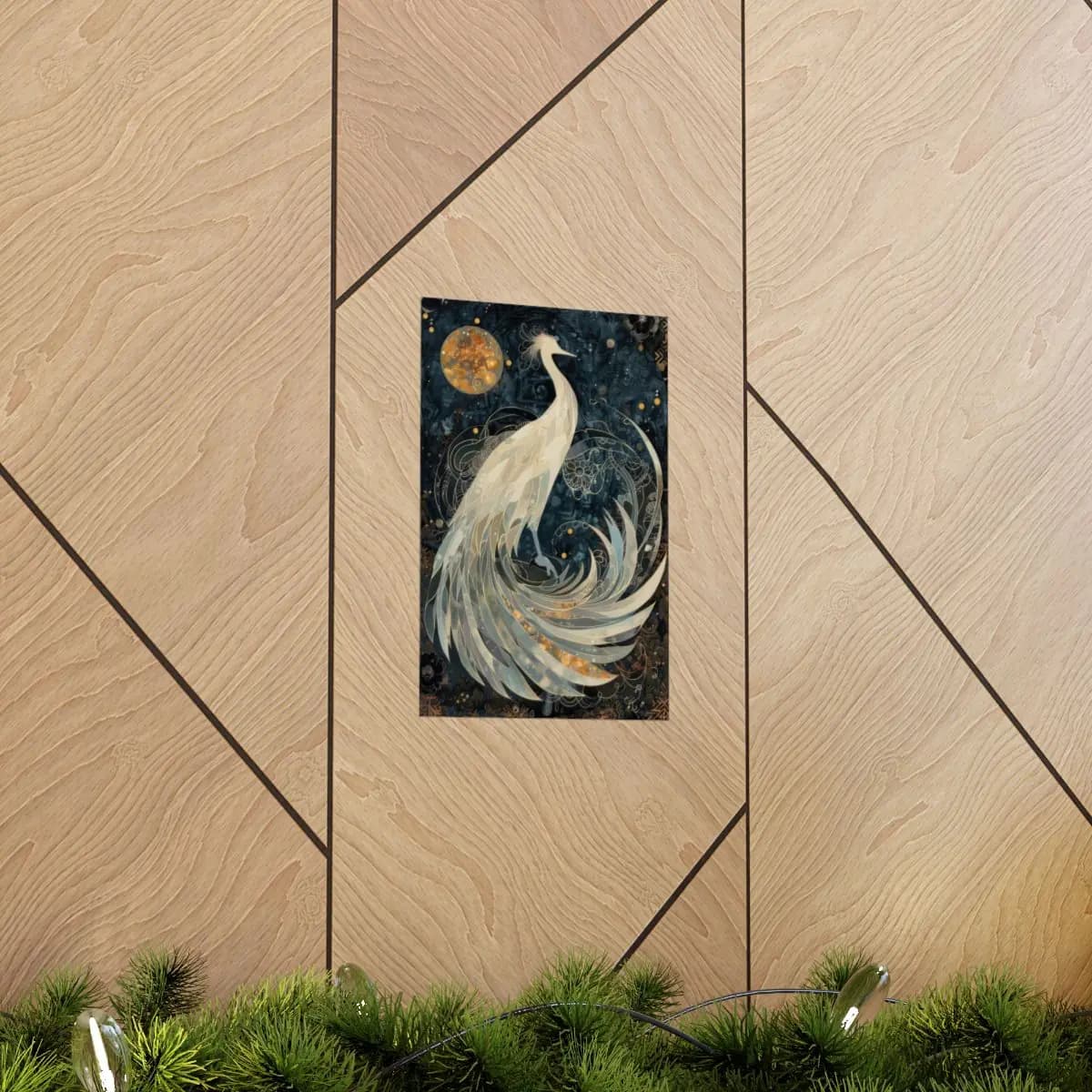 Celestial White Peacock Beneath the Golden Moon - Matte Vertical Posters mockup angle 5