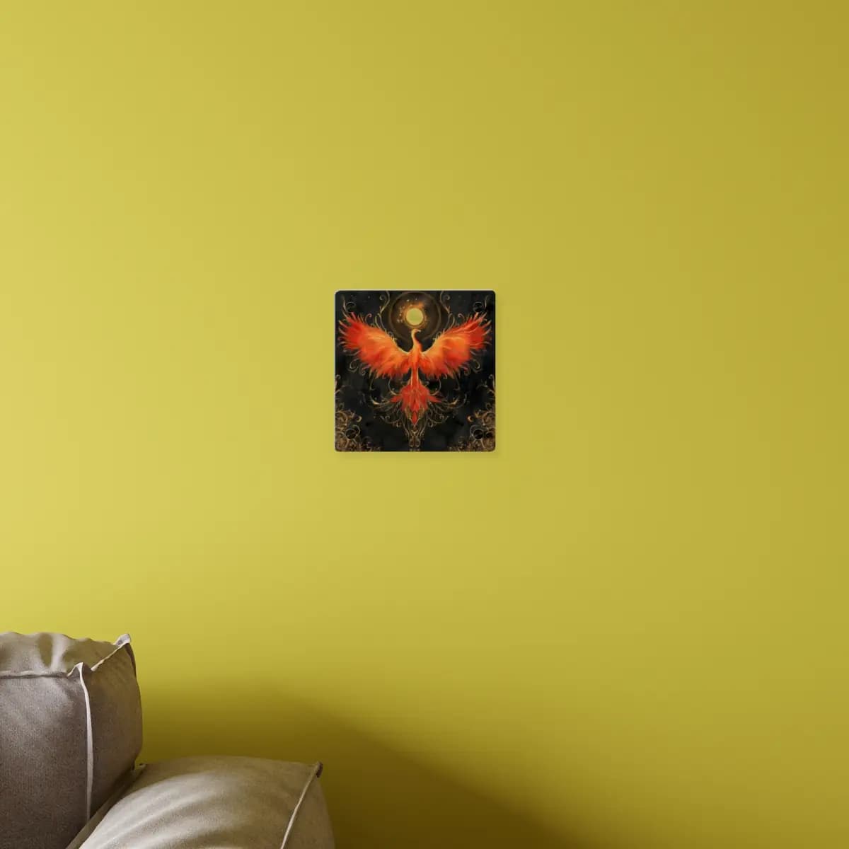 Blazing Phoenix Rising Beneath the Golden Moon - Acrylic Wall Art Panels mockup angle 4