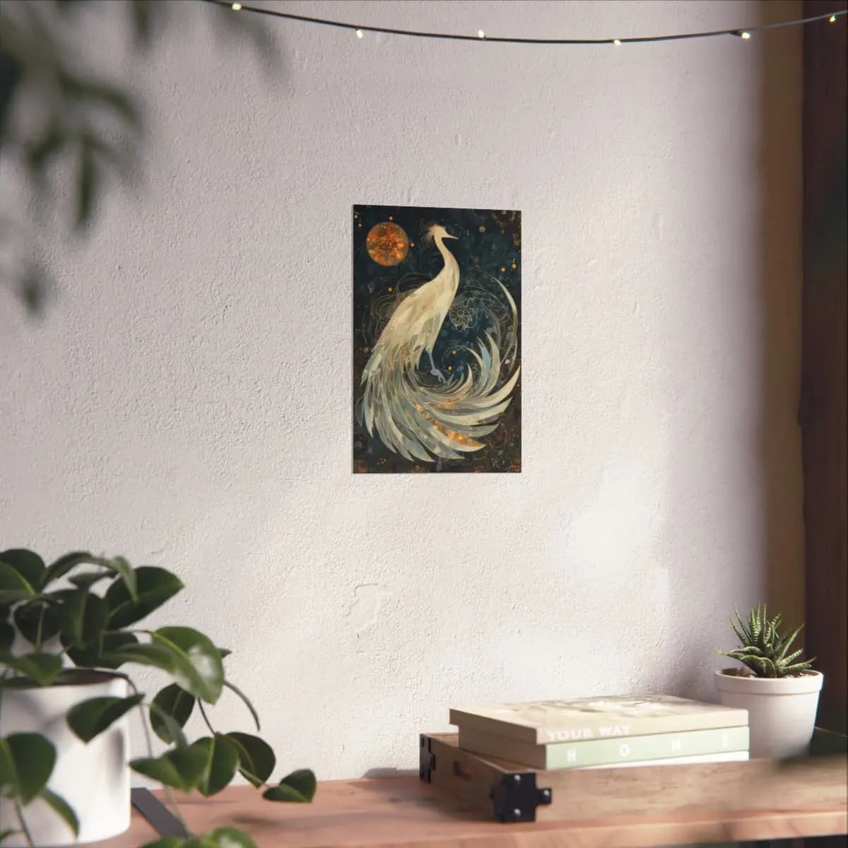 Celestial White Peacock Beneath the Golden Moon - Matte Vertical Posters mockup angle 6