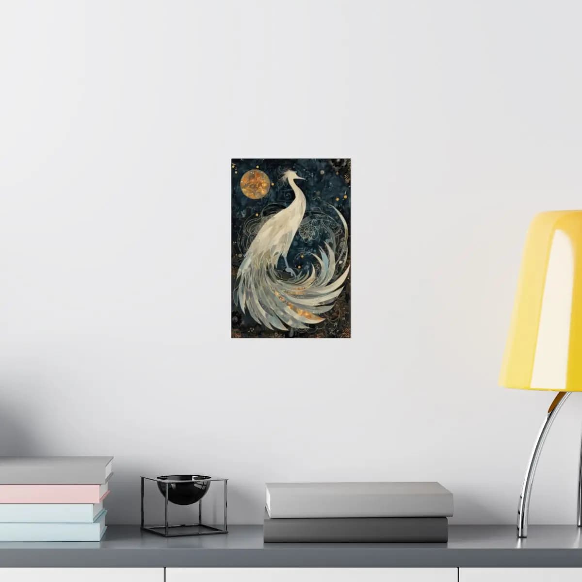 Celestial White Peacock Beneath the Golden Moon - Matte Vertical Posters mockup angle 8