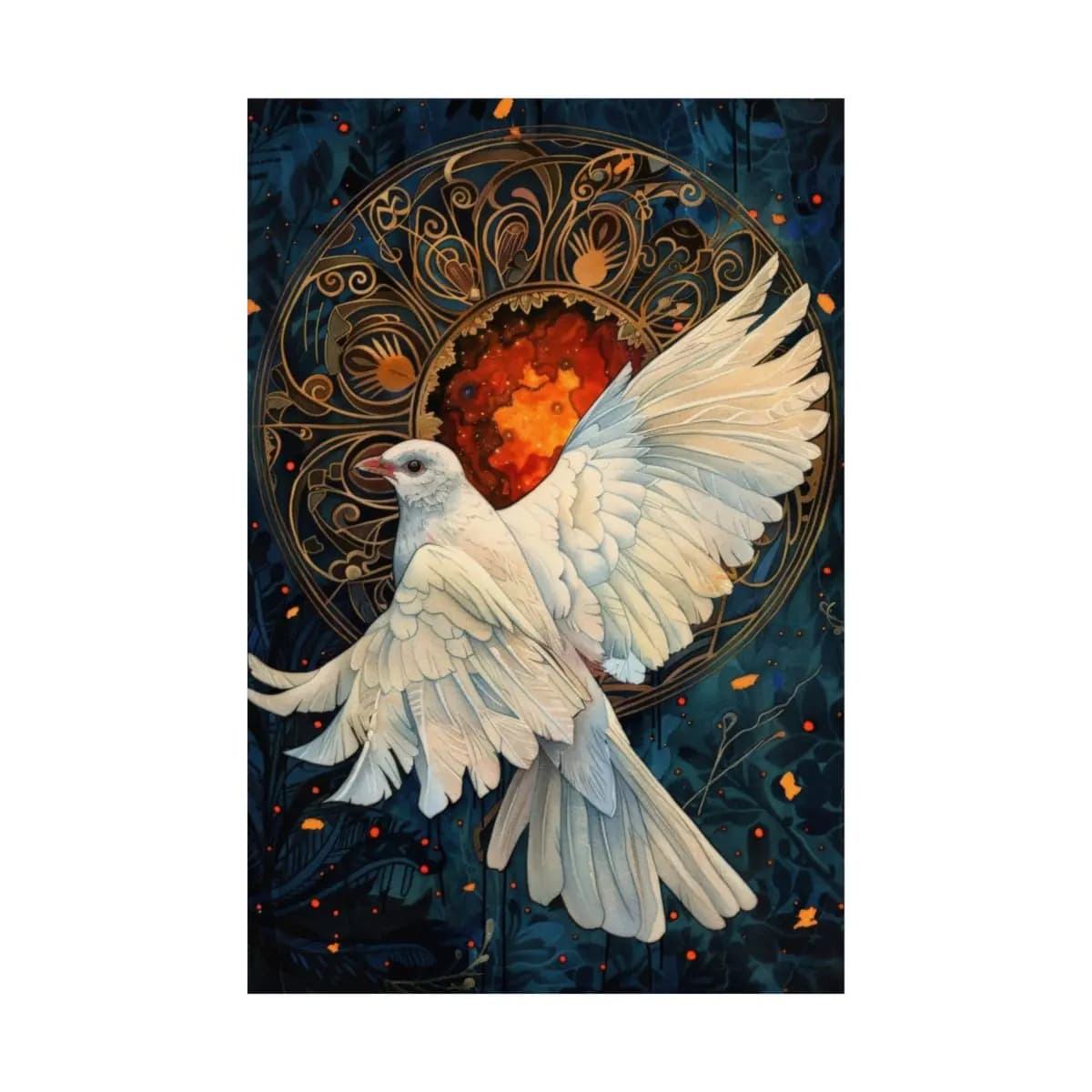 White Dove Rising Before a Circle of Fire - Matte Vertical Posters mockup angle 2