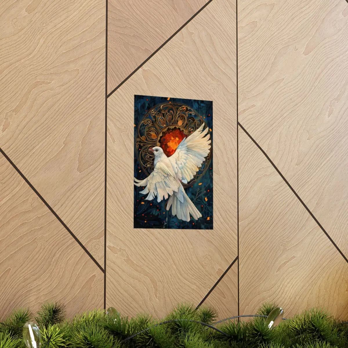 White Dove Rising Before a Circle of Fire - Matte Vertical Posters mockup angle 5
