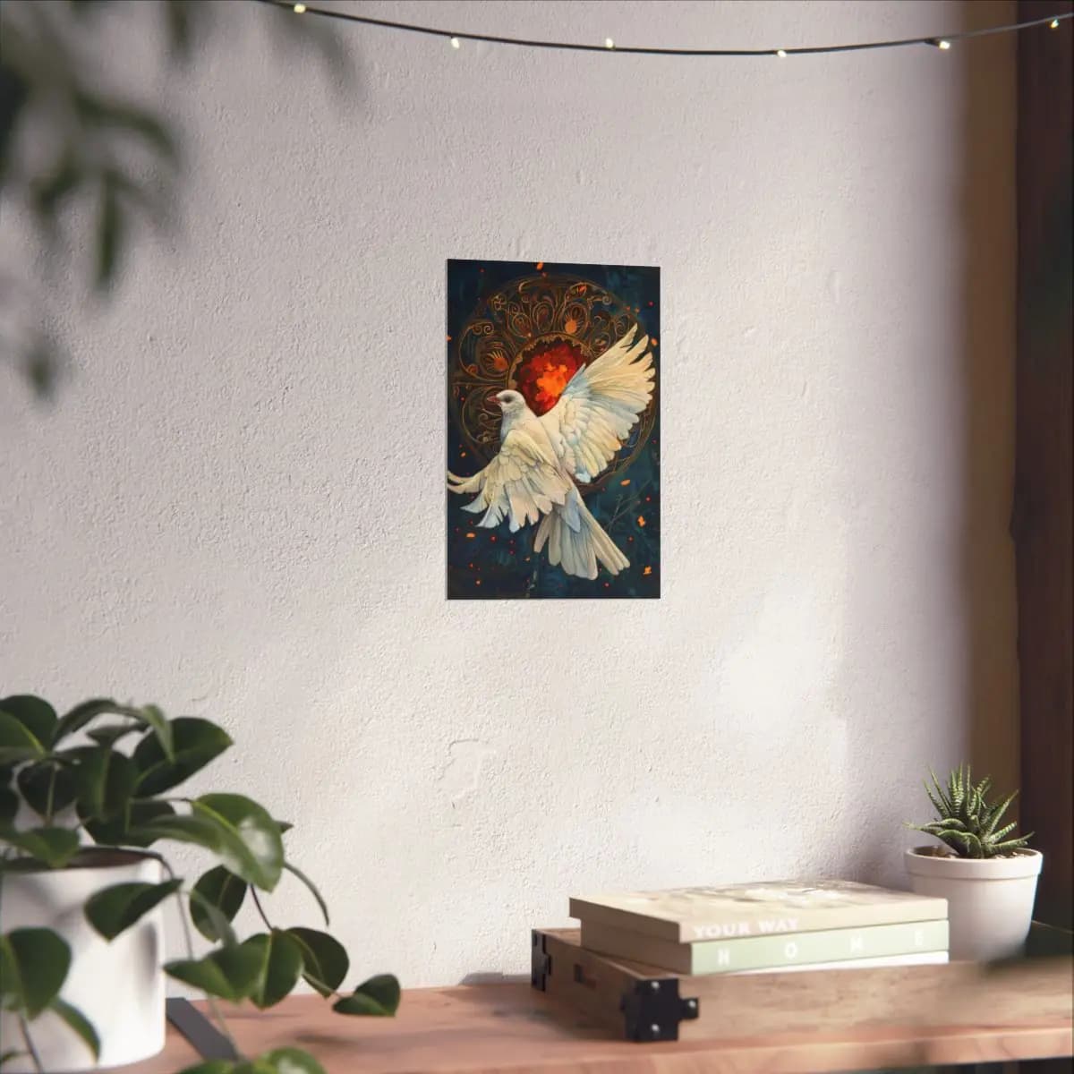 White Dove Rising Before a Circle of Fire - Matte Vertical Posters mockup angle 6