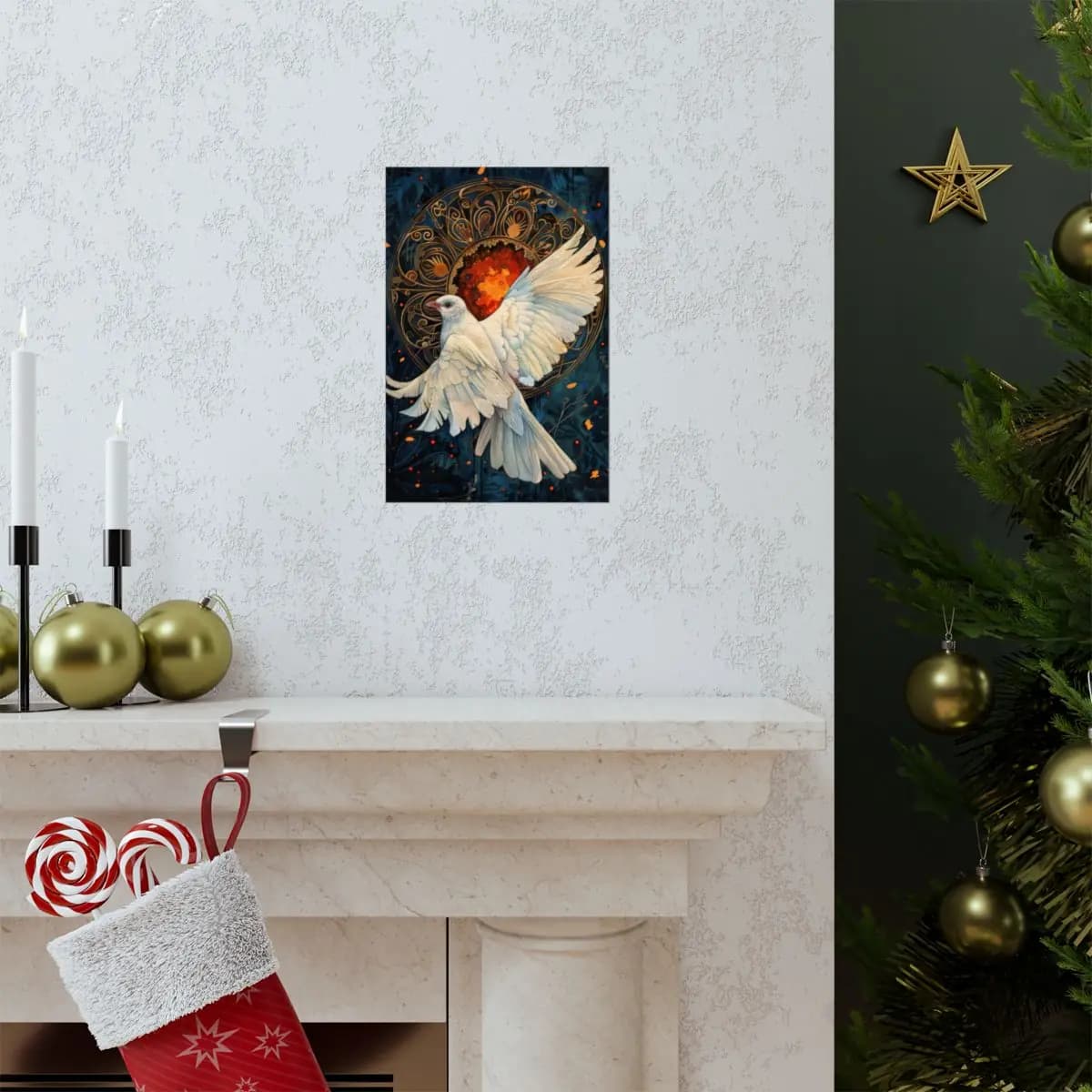 White Dove Rising Before a Circle of Fire - Matte Vertical Posters mockup angle 7