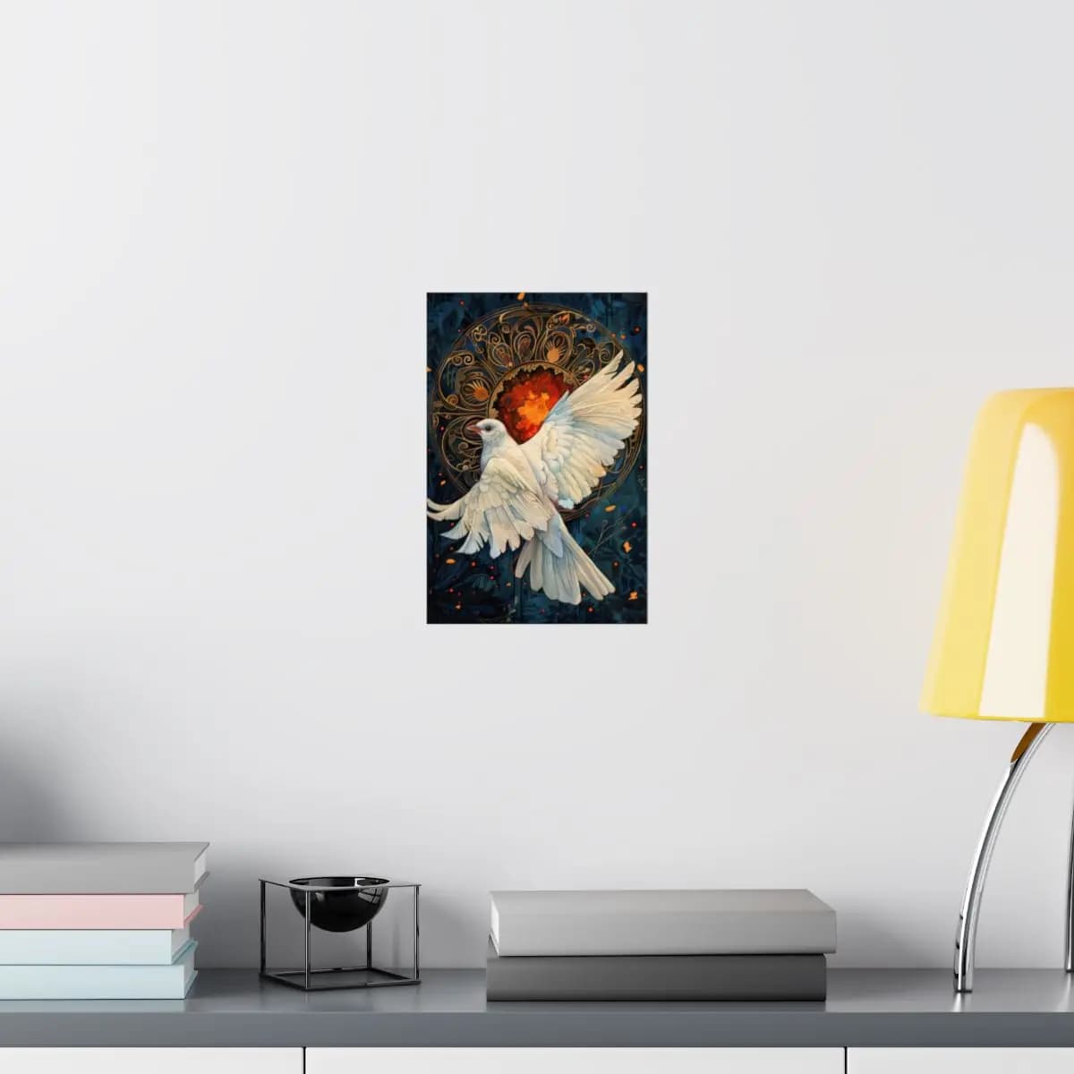 White Dove Rising Before a Circle of Fire - Matte Vertical Posters mockup angle 8