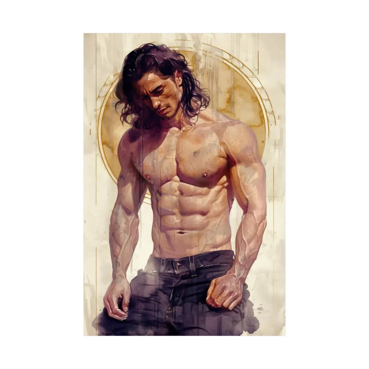 Dark-Haired Brooding Warrior with Bare Torso - Matte Vertical Posters mockup angle 2