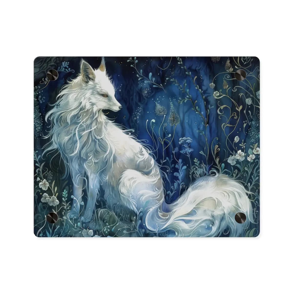 White Fox Resting in an Enchanted Night Forest - Acrylic Wall Art Panels mockup angle 1