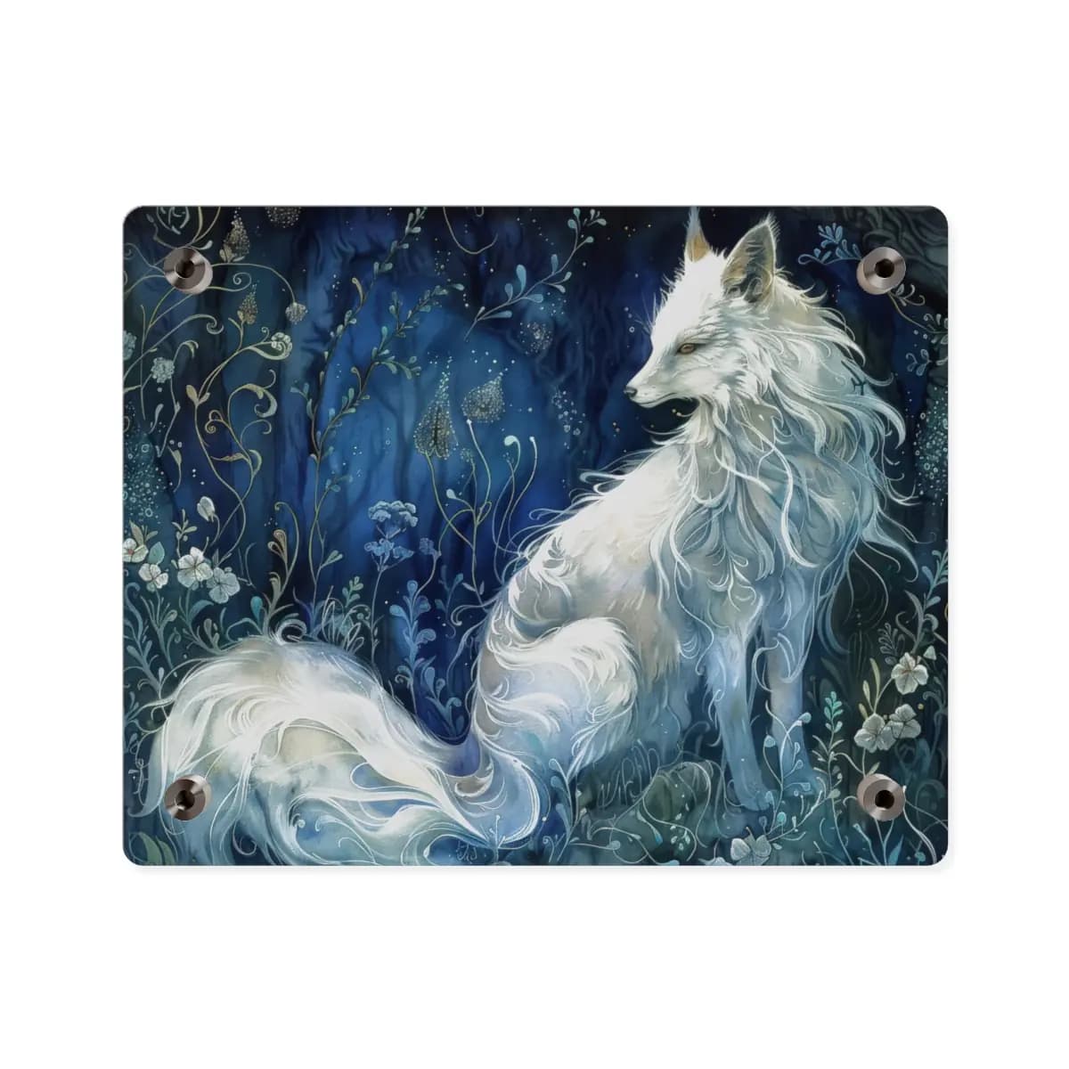 White Fox Resting in an Enchanted Night Forest - Acrylic Wall Art Panels mockup angle 2