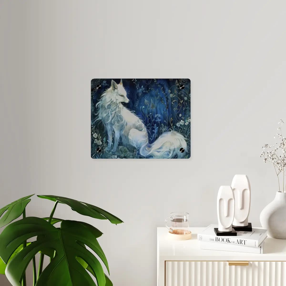 White Fox Resting in an Enchanted Night Forest - Acrylic Wall Art Panels mockup angle 3