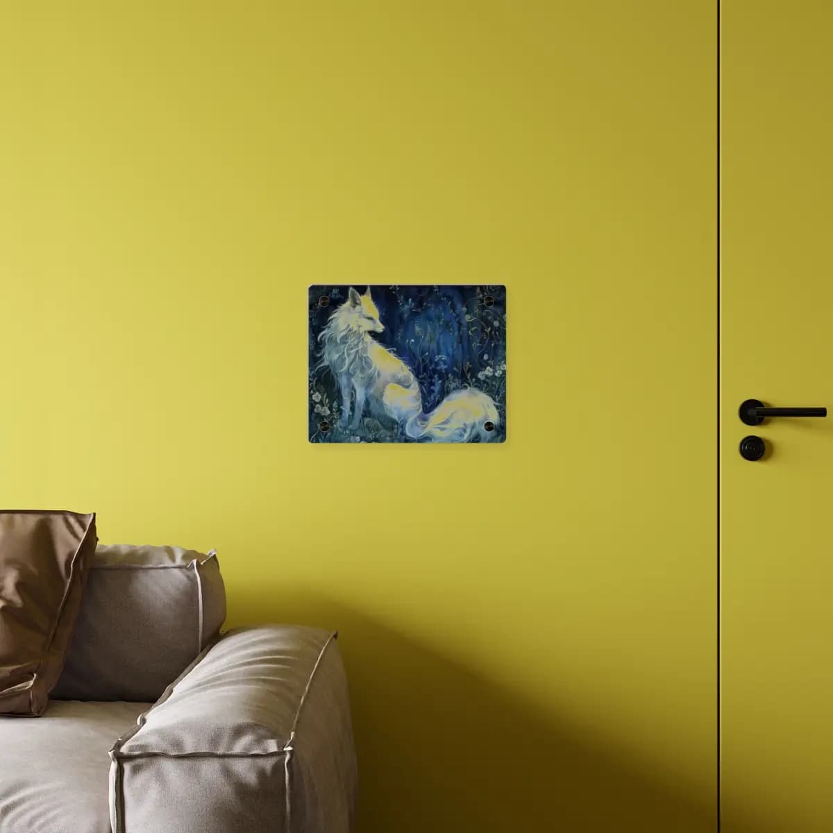 White Fox Resting in an Enchanted Night Forest - Acrylic Wall Art Panels mockup angle 4