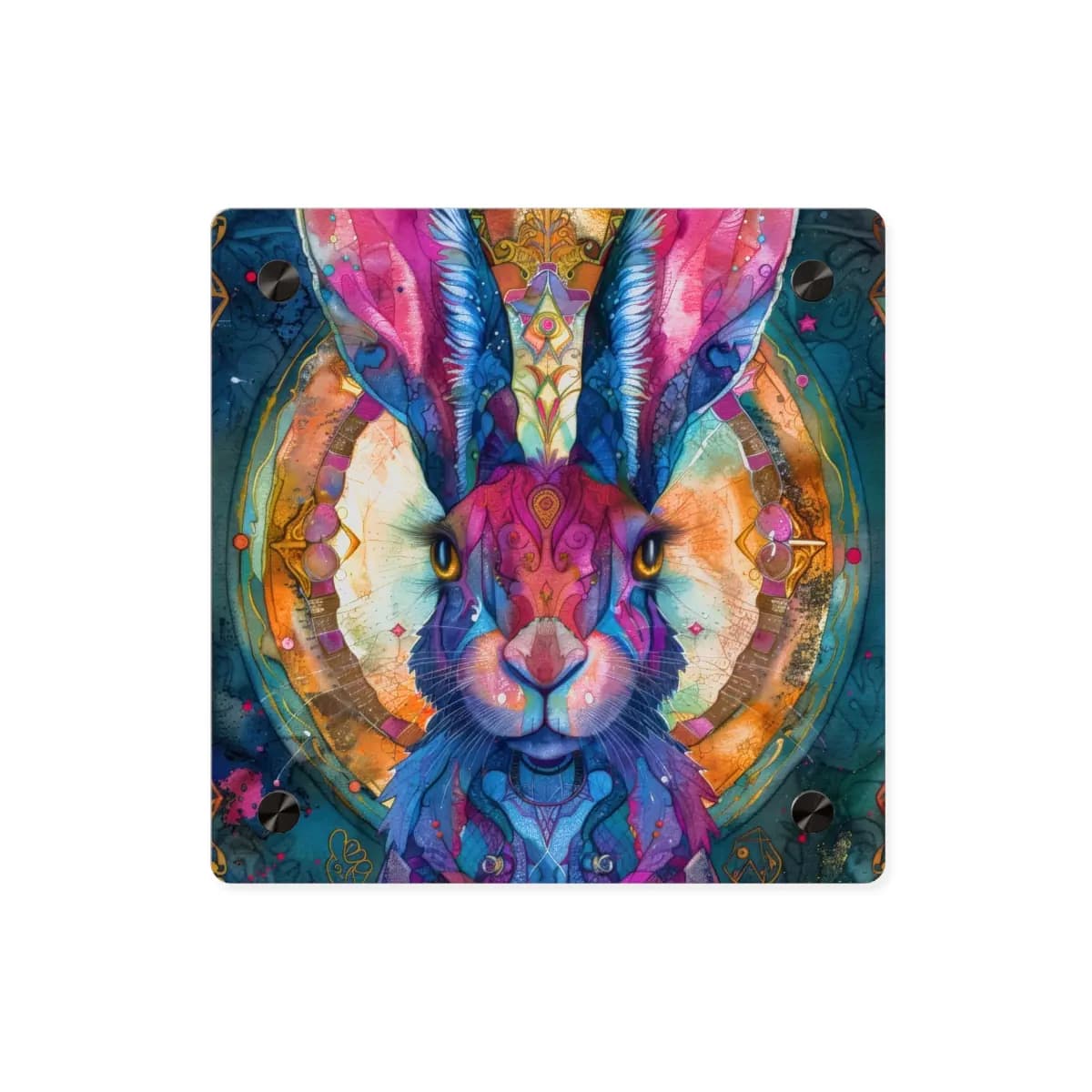 Sacred Hare in Psychedelic Ornamental Splendor - Acrylic Wall Art Panels mockup angle 1