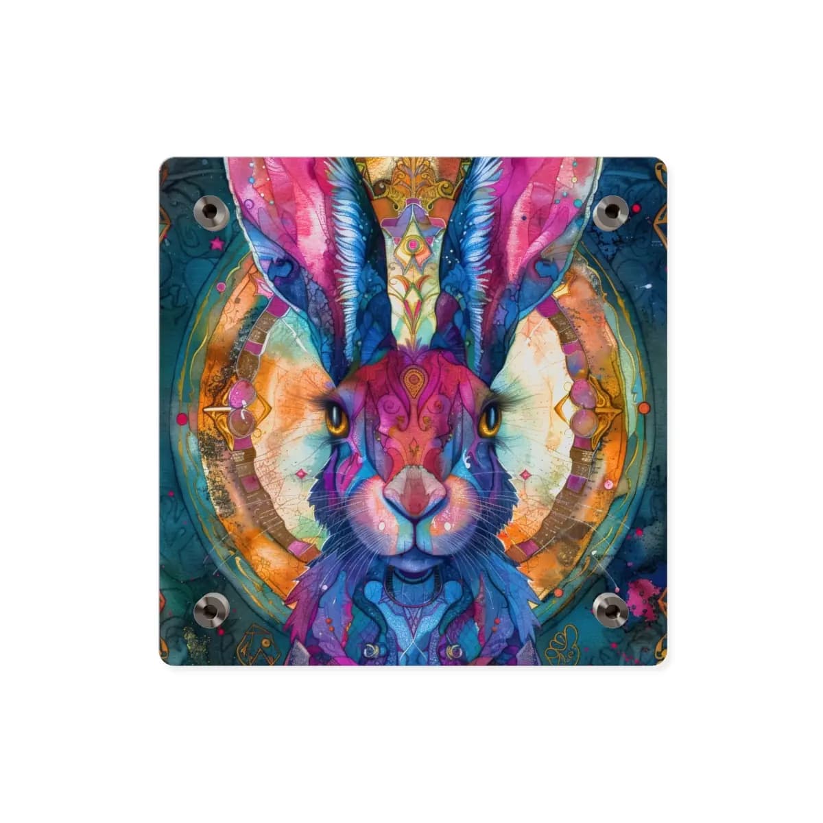 Sacred Hare in Psychedelic Ornamental Splendor - Acrylic Wall Art Panels mockup angle 2