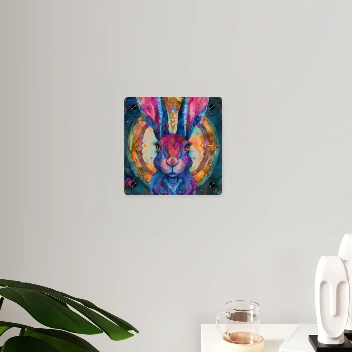 Sacred Hare in Psychedelic Ornamental Splendor - Acrylic Wall Art Panels mockup angle 3