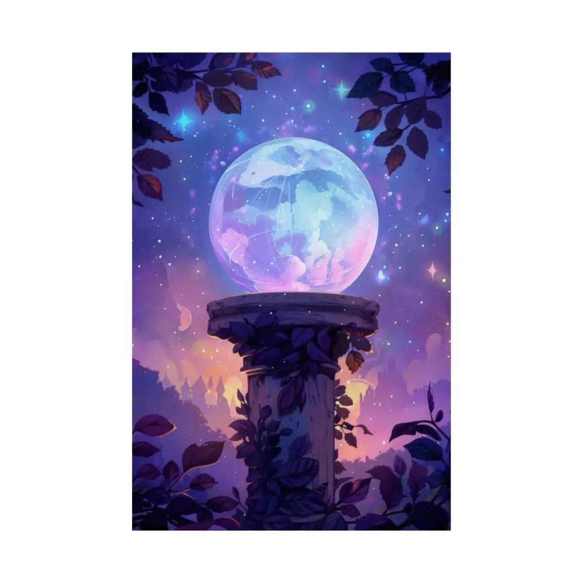 Celestial Crystal Sphere on an Ivy-Wrapped Stone Pedestal - Matte Vertical Posters mockup angle 2