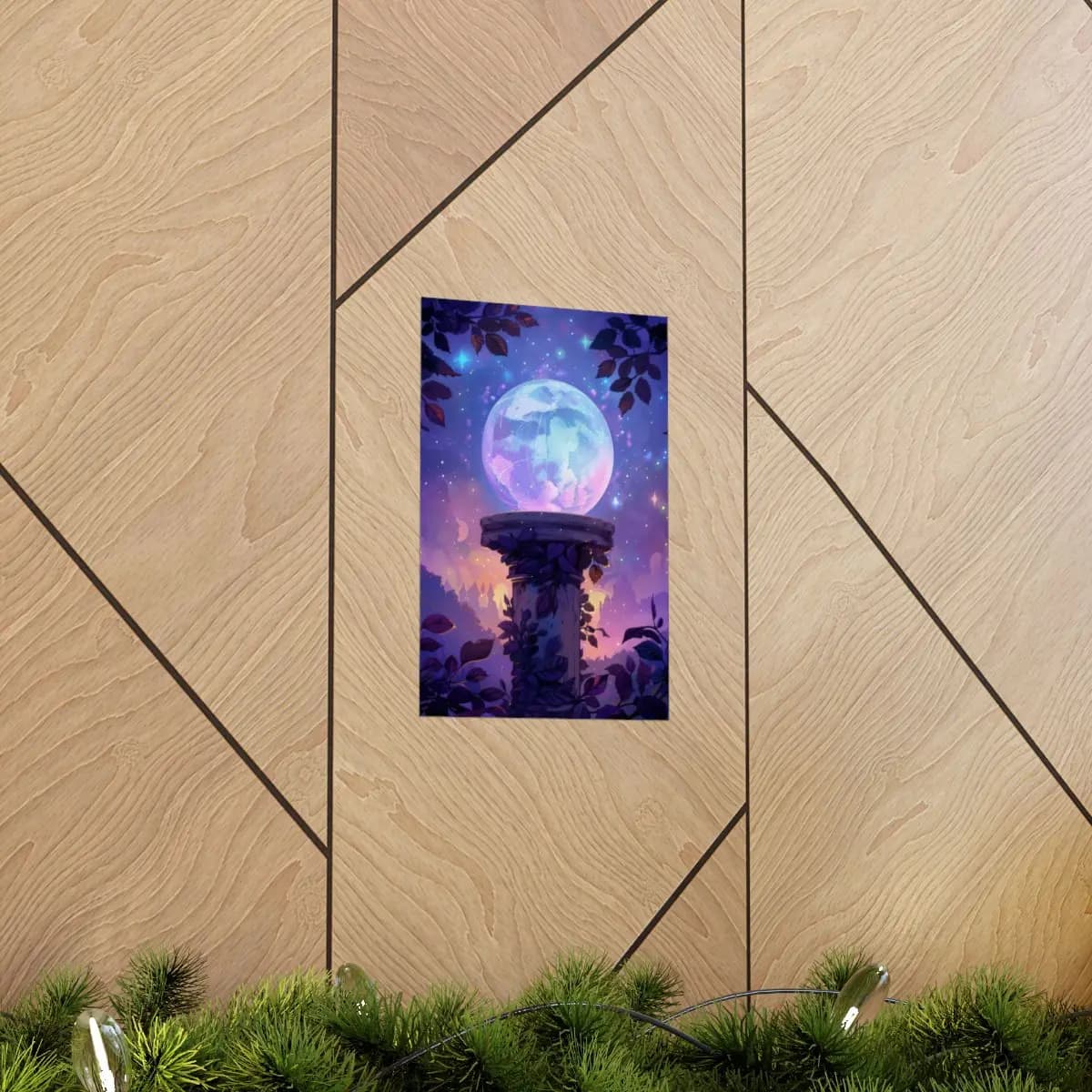 Celestial Crystal Sphere on an Ivy-Wrapped Stone Pedestal - Matte Vertical Posters mockup angle 5