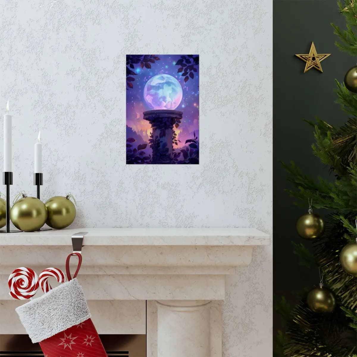 Celestial Crystal Sphere on an Ivy-Wrapped Stone Pedestal - Matte Vertical Posters mockup angle 7